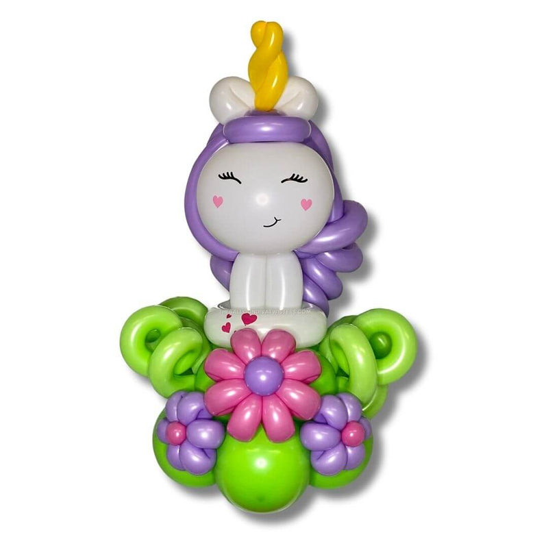 Balloonicorn Unicorn Balloon Sculpture is embellished with pretty pink and purple balloon flowers and fun balloon curls.