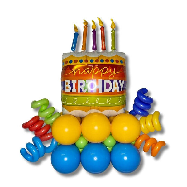 Big Birthday Cake Balloon Stack! This large balloon design features a festive 35" Birthday Cake Foil Balloon, bright colors, and fun balloon curls