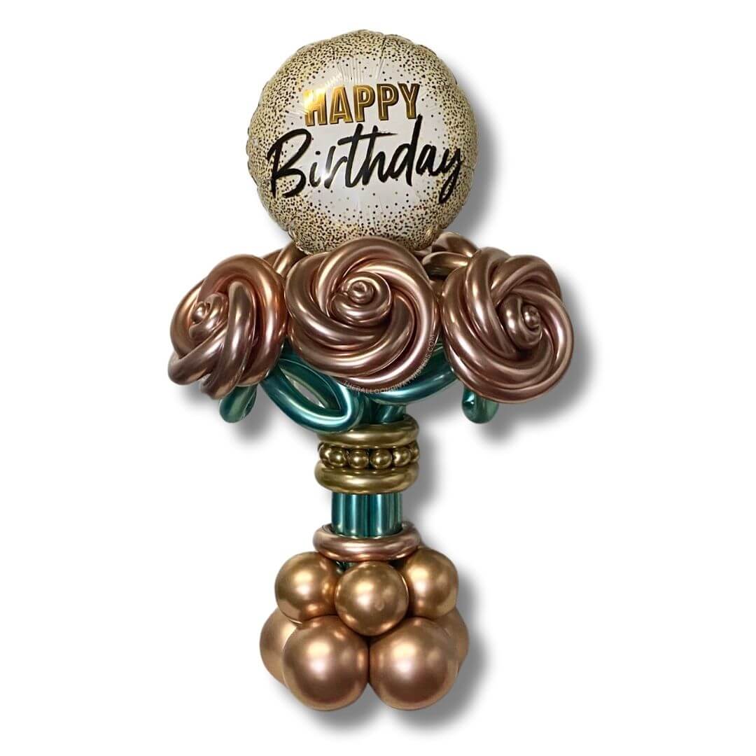 Rose Gold Roses Birthday Balloon Bouquet features a 17 inch Happy Birthday Confetti Foil Balloon.