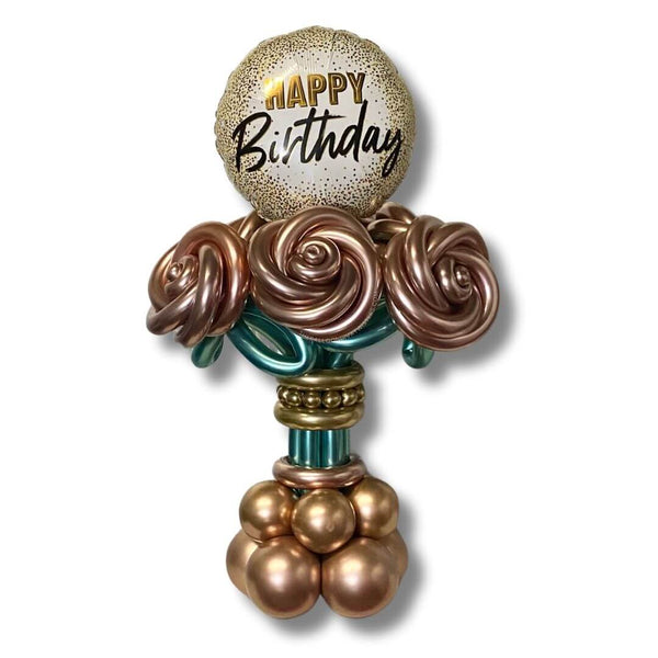 Rose Gold Roses Birthday Balloon Bouquet features a 17 inch Happy Birthday Confetti Foil Balloon.