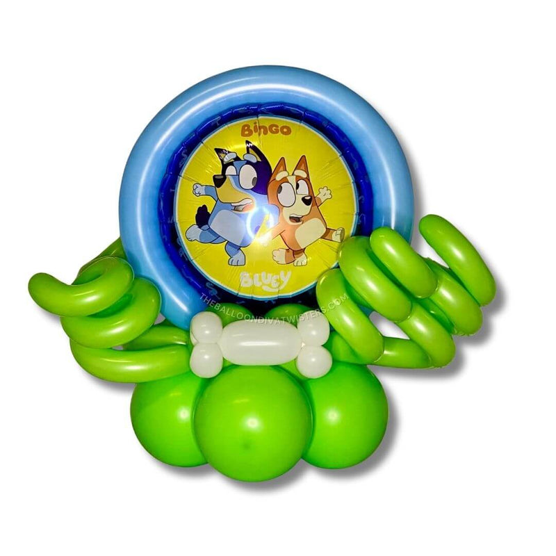 Bluey & Bingo Birthday Balloon Centerpiece features a Bluey & Bingo foil balloon with pale blue and lime green colorful balloons, curls and a bone for a fun party decoration.