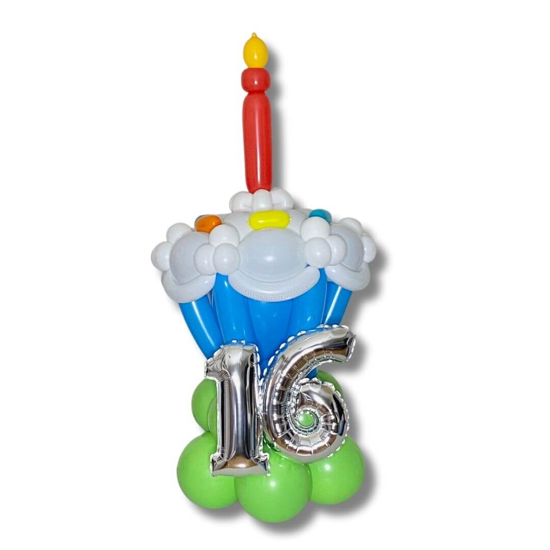 Colossal Cupcake Birthday Number Balloon Sculpture featuring a silver 14 inch number foil balloon.