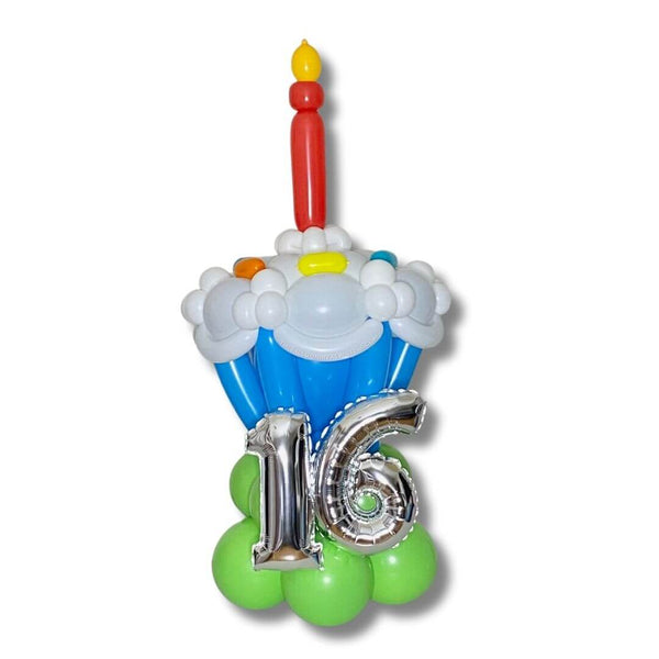 Colossal Cupcake Birthday Number Balloon Sculpture featuring a silver 14 inch number foil balloon.