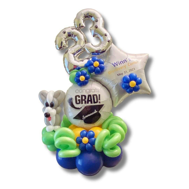 School Mascot Graduation Balloon Marquee with personalized balloons and a mascot sculpture for graduation celebration.