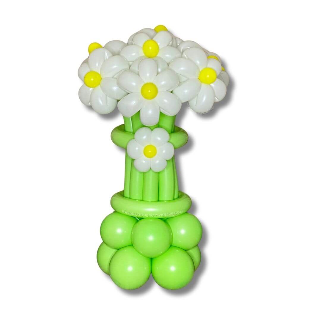 Daisy Delight Flower Balloon Bouquet features 8 white daisy flower balloons with lime green stems on a lime green balloon base