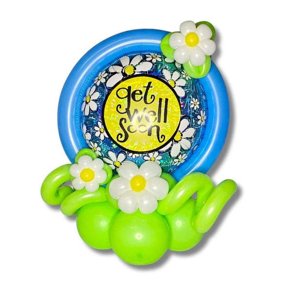  Daisy Garden Get Well Balloon Gift features white daisy flower balloons set against a blue sparkly holographic background.