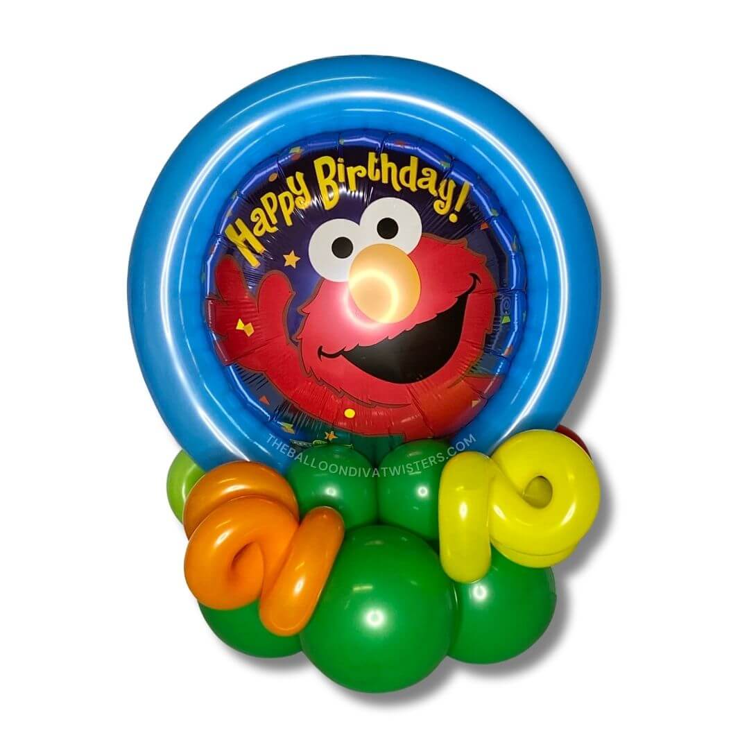 Elmo Sesame Street Birthday Balloon Centerpiece with an Elmo foil balloon and colorful blue, green, orange, and yellow balloons.