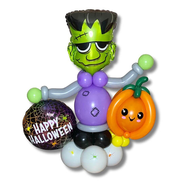 Friendly Frankie Halloween Balloon Column features a 3 feet Frankenstein Balloon Sculpture, Pumpkin Balloon Sculpture, and Happy Halloween Foil Balloon.