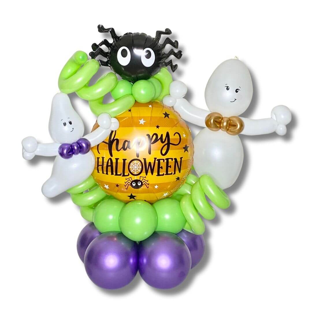 Ghostly Greetings Halloween Balloon Marquee features a Happy Halloween foil balloon, cute spider foil balloon, and two friendly ghosts sculptures with chrome purple and lime green balloons.