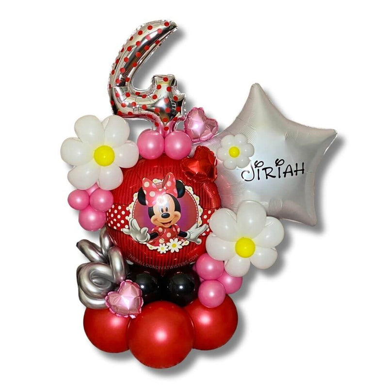 Minnie Mouse Birthday Balloon Marquee features Minnie, star foil balloon with name, silver birthday number, balloons flowers, pink heart balloons, and fun balloon curls.