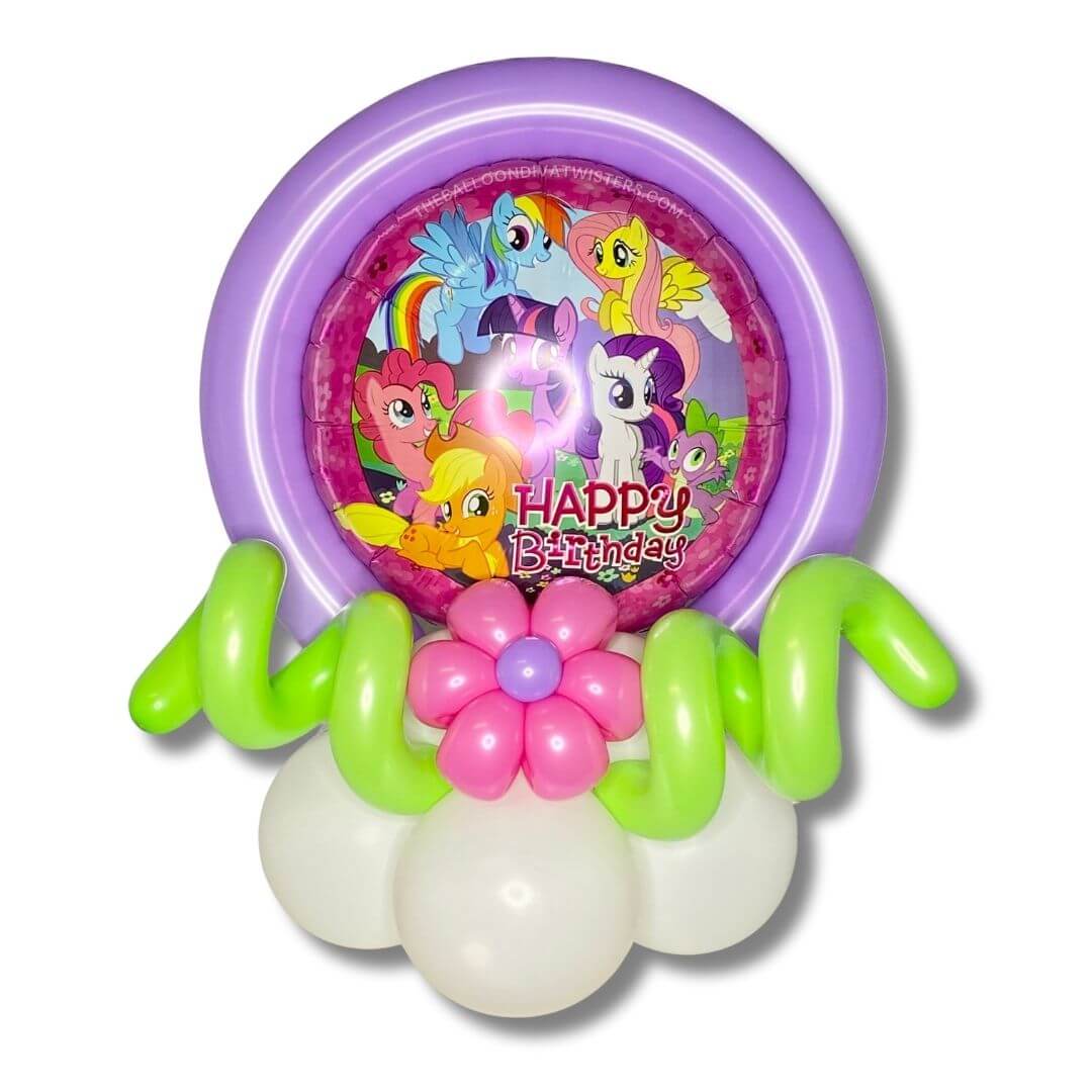 My Little Pony Birthday Balloon Centerpiece Features bright pink, lilac, and lime green balloons and a beautiful balloon flower with balloon curls and latex embellishments
