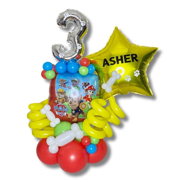 Paw Patrol Birthday Balloon Marquee features your favorite pups, personalized star foil balloon with name, number balloon, dog bone balloons and lively balloon curls.