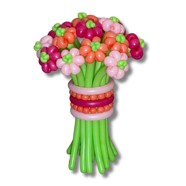 Pink Flamingo Flower Balloon Bouquet features a large arrangement of pinks and orang flower balloon with lime green stems and ribbon balloon embellishments.