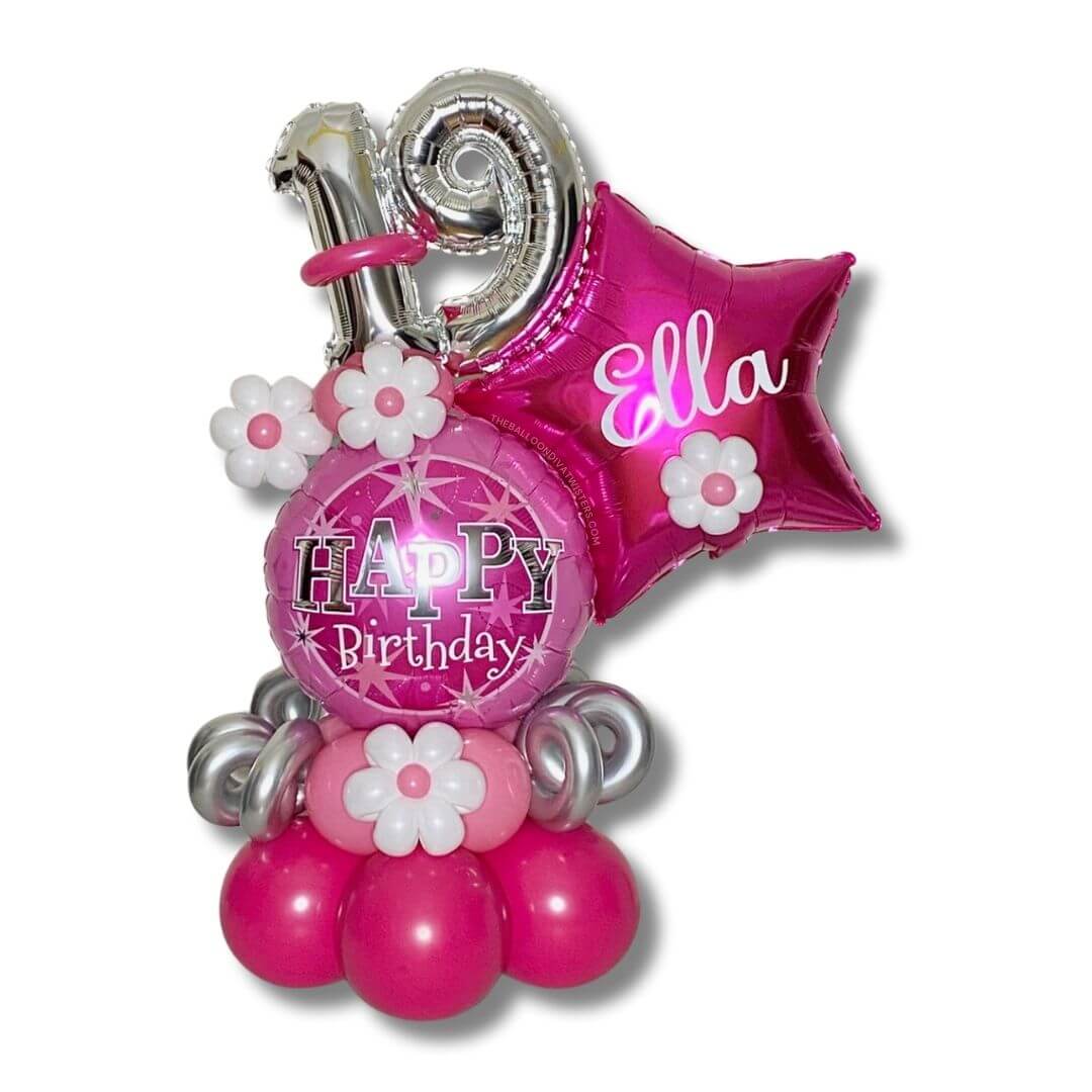 Pink Sparkles Birthday Balloon Marquee, featuring elegant silver and white flower accents.