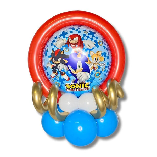 Sonic the Hedgehog Birthday Balloon Centerpiece features Sonic, Tails, Knuckles, and Shadow, fun gold balloon curls, and latex embellishments.