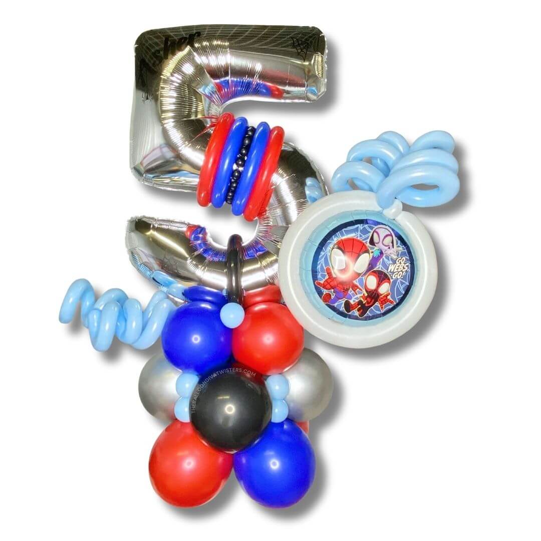 Spidey and His Amazing Friends Birthday Balloon Stack featuring a large number balloon, Spidey foil balloon, custom vinyl name, spiders, and web graphics with colorful latex accents.