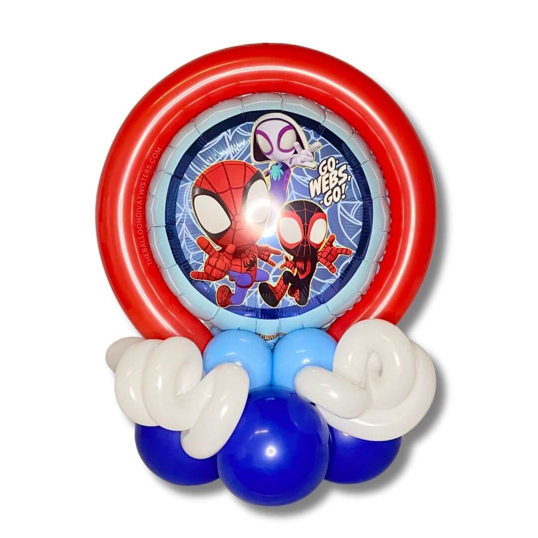 Spidey and His Amazing Friends Birthday Balloon Centerpiece features a Spidey and Friends 17 inch foil balloon on a pale blue and blue balloon base with white balloon curls and red latex embellishments.
