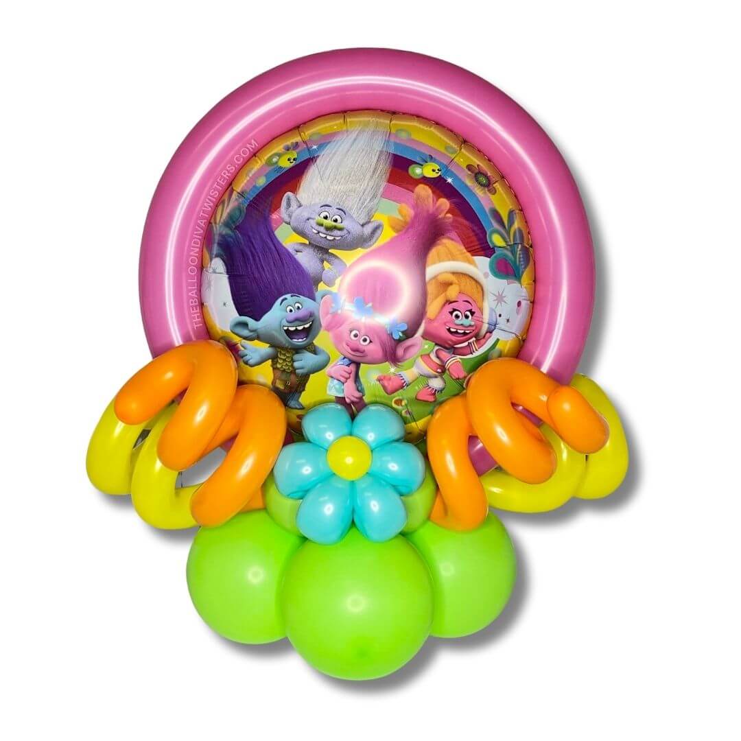 Trolls Birthday Balloon Centerpiece features Poppy and friends, colorful balloon curls, a pretty balloon flower, and latex embellishments