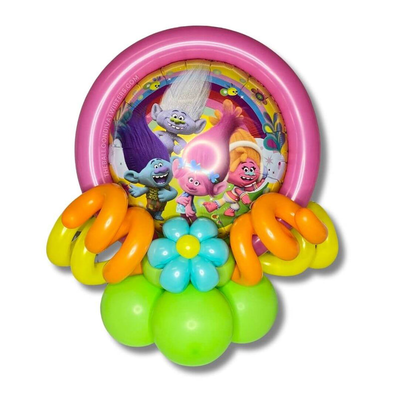 Trolls Birthday Balloon Centerpiece features Poppy and friends, colorful balloon curls, a pretty balloon flower, and latex embellishments