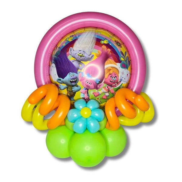 Trolls Birthday Balloon Centerpiece features Poppy and friends, colorful balloon curls, a pretty balloon flower, and latex embellishments