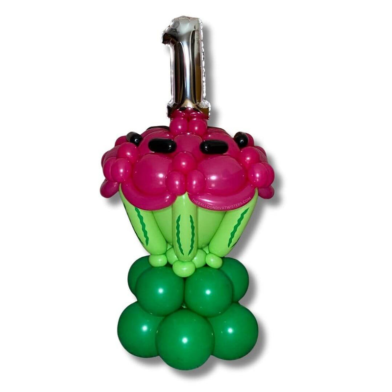 Watermelon Colossal Cupcake Birthday Balloon Sculpture featuring a vibrant design with a large number one.