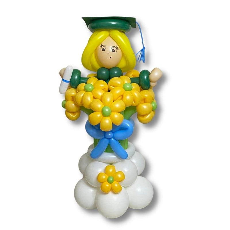 Congrats Green Blue Grad Flower Balloon Bouquet. This stunning balloon bouquet features a custom-made sculpture resembling the graduate, along with a graduation cap, gown, and diploma.