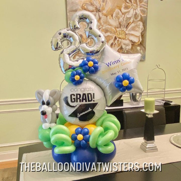 School Mascot Graduation Balloon Marquee with personalized balloons and a mascot sculpture for graduation celebration.