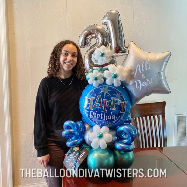 Tulane Blue Green Sparkles 21st Birthday Balloon Marquee Delivery, Milestone Number Balloon Delivery featuring elegant silver and white flower accents.